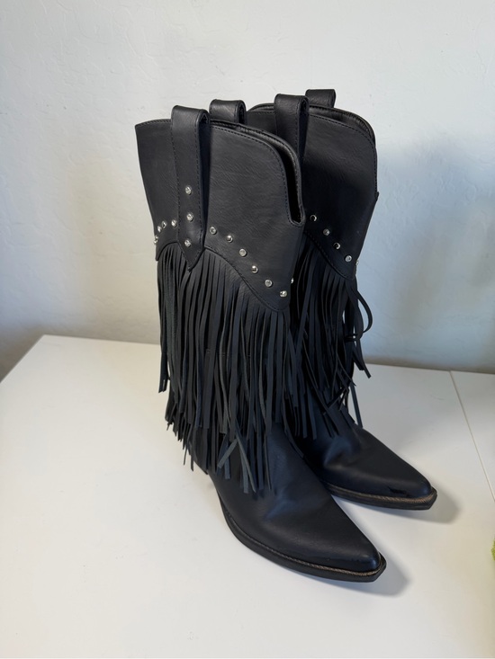 Shoes - Roper Black Leather Fringe Studded Western Boots Pointed Toe 6.5